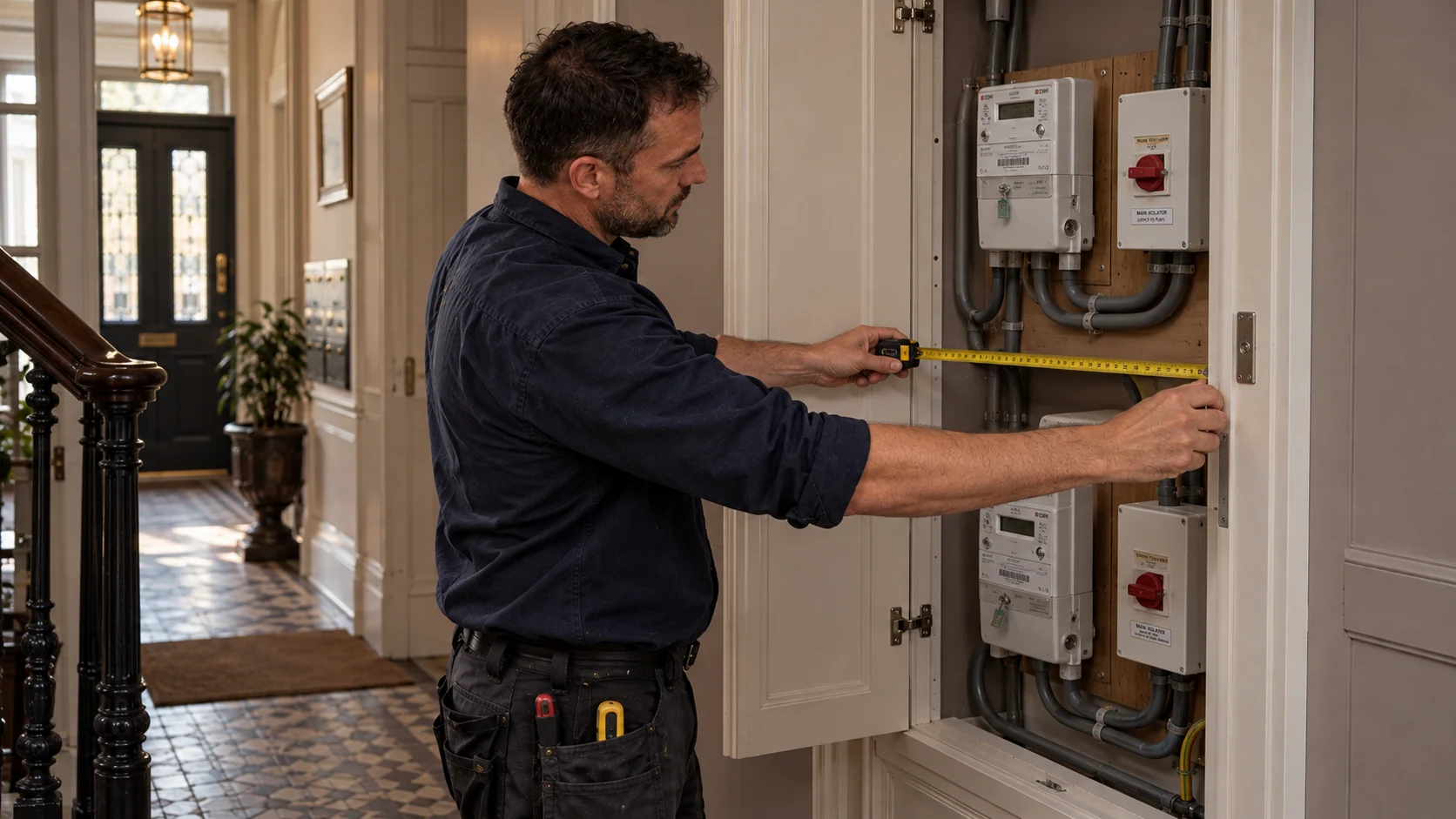 Electrician checking access to enclosed meter and isolation equipment in a converted period property.
