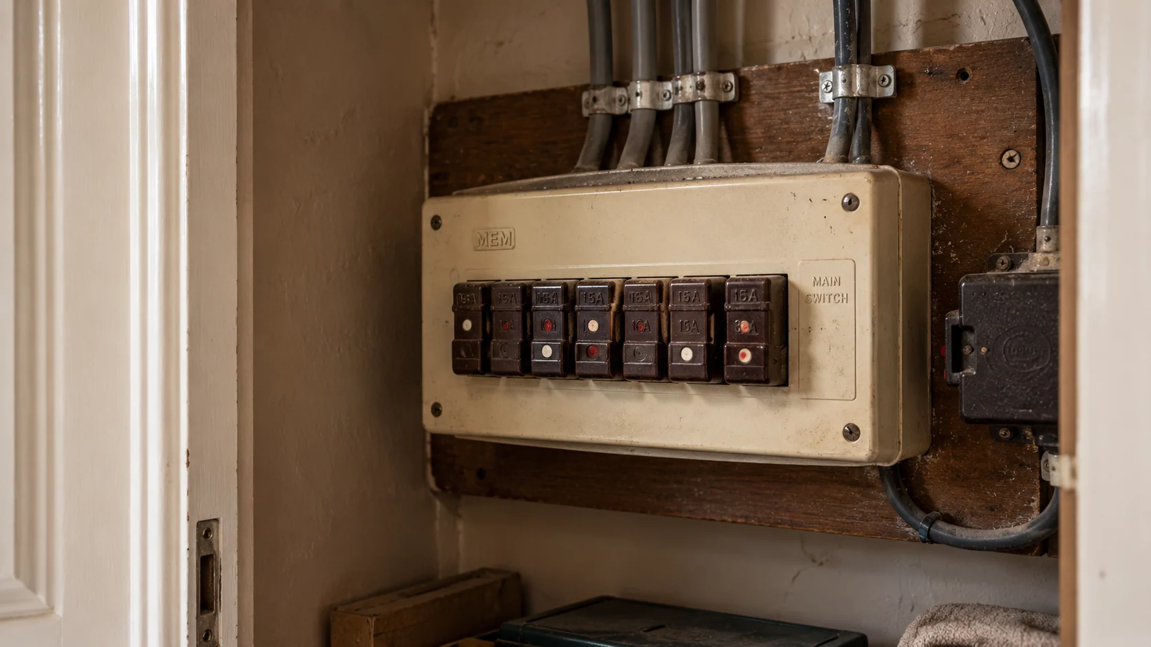 Older rewireable fuse board mounted in a domestic electrical cupboard before assessment.