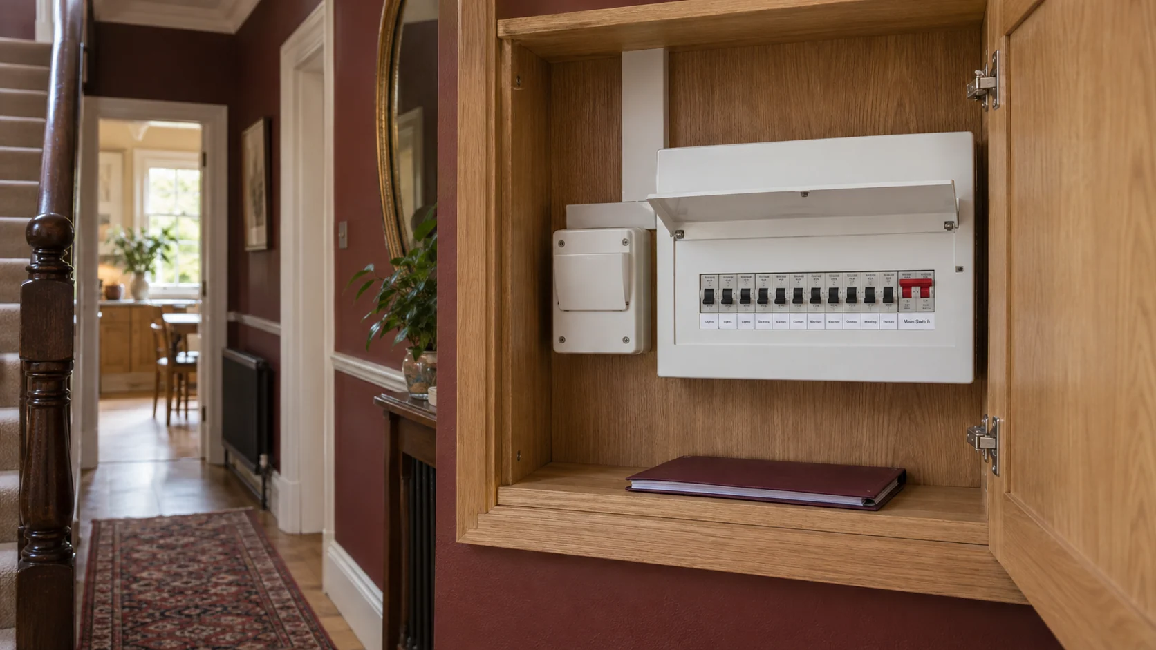 Completed white metal consumer unit with its cover fitted inside an accessible oak hallway cupboard