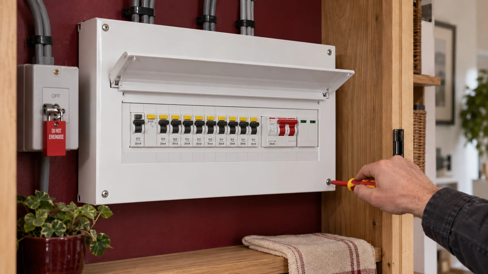 Electrician tightening a faceplate fixing screw on an isolated metal consumer unit