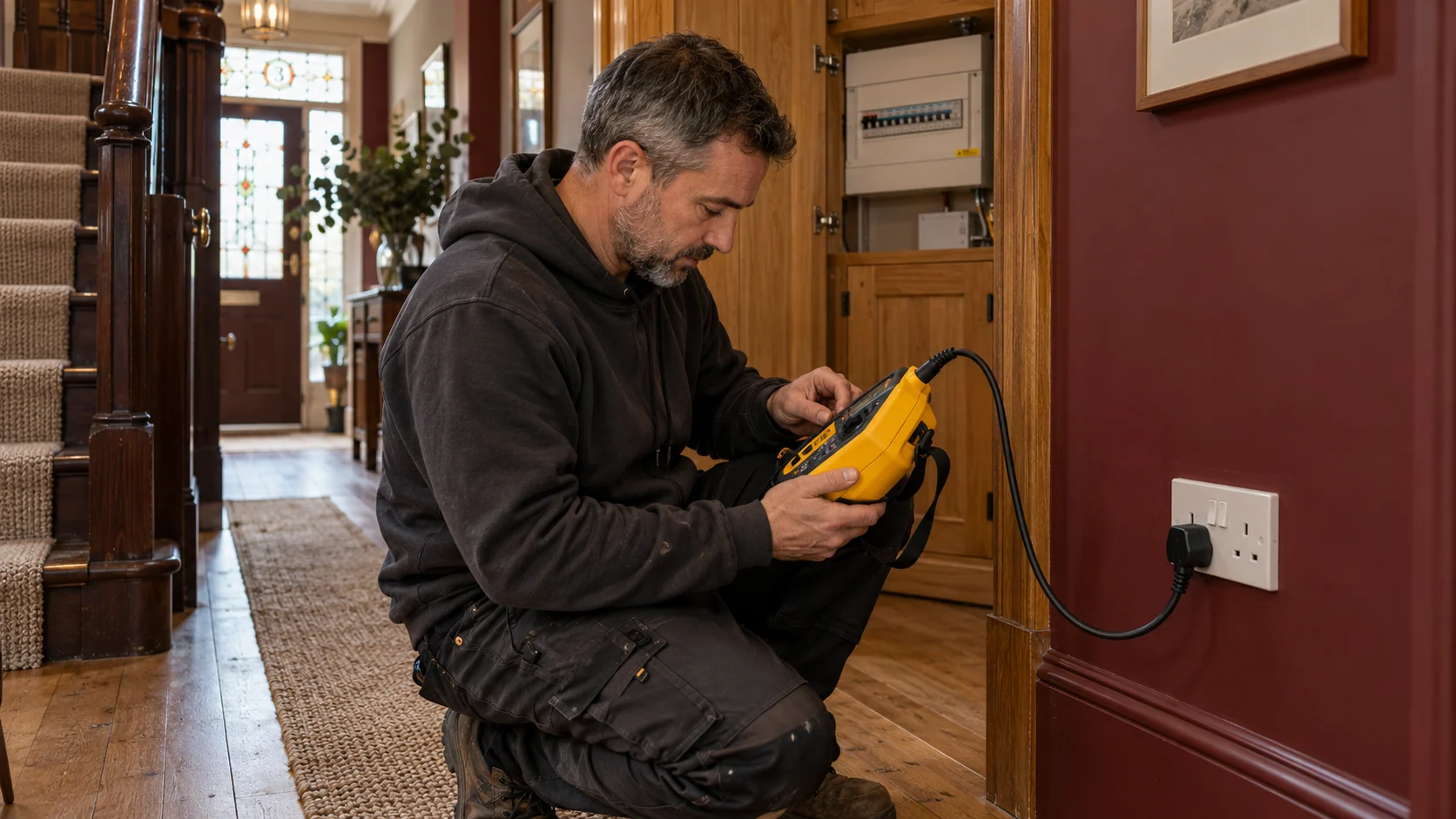 Electrician checking a circuit with a yellow Fluke installation tester connected to a UK socket