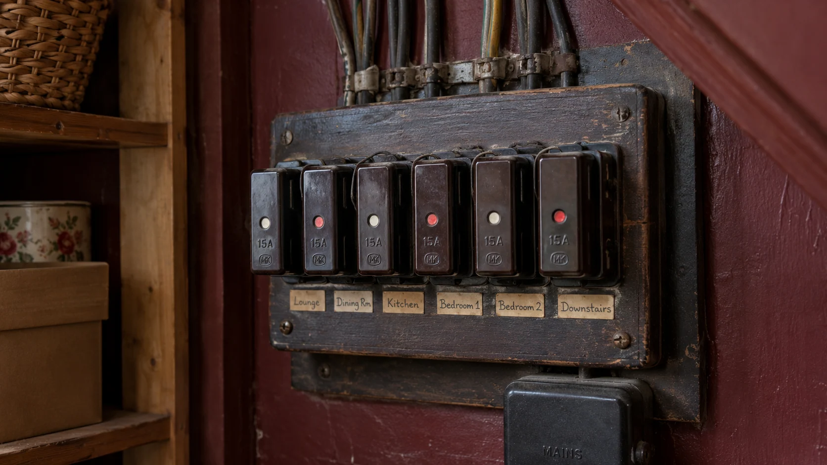 Older enclosed fuse box mounted on a wooden backboard inside a hallway cupboard