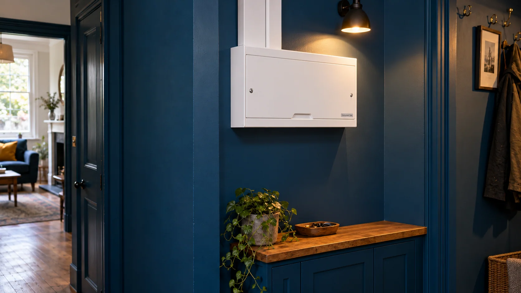 Completed white metal consumer unit with its protective cover fitted in a blue-painted hallway.