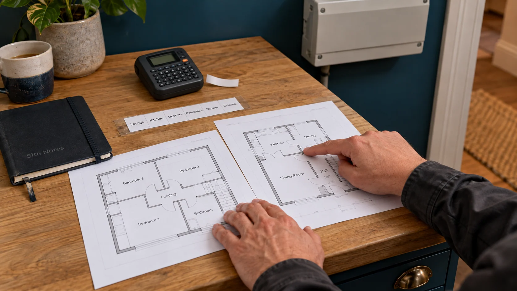 Electrician reviewing floor plans and circuit labels beside a handheld label printer.