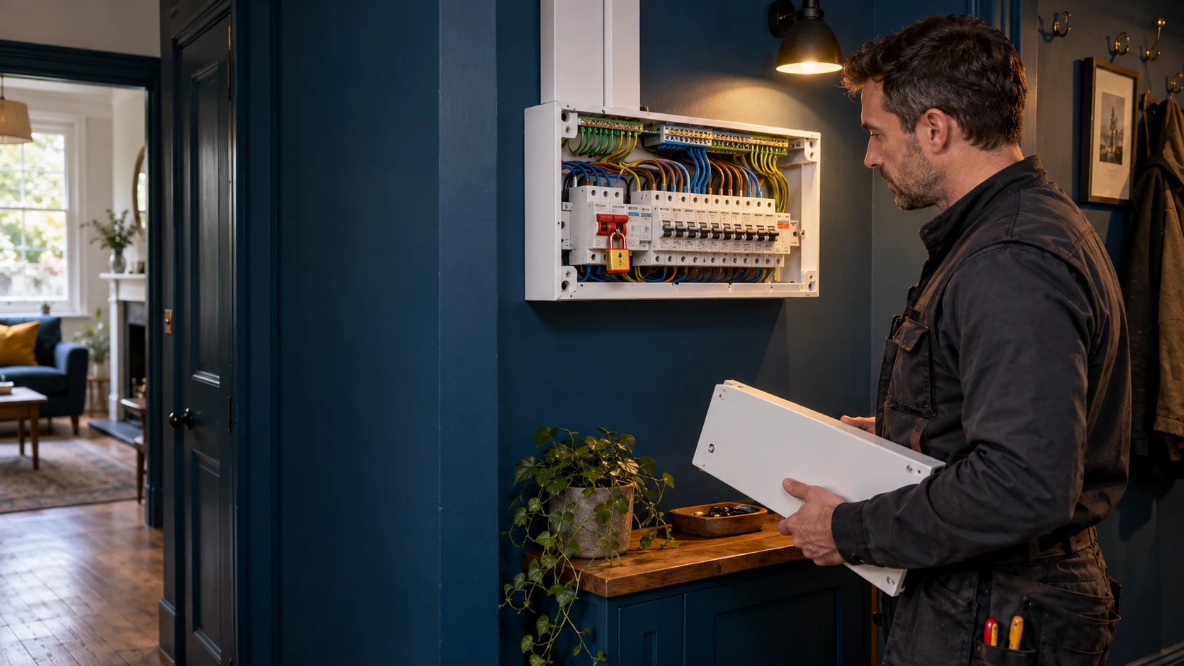 Electrician inspecting an open consumer unit in a blue-painted residential hallway.