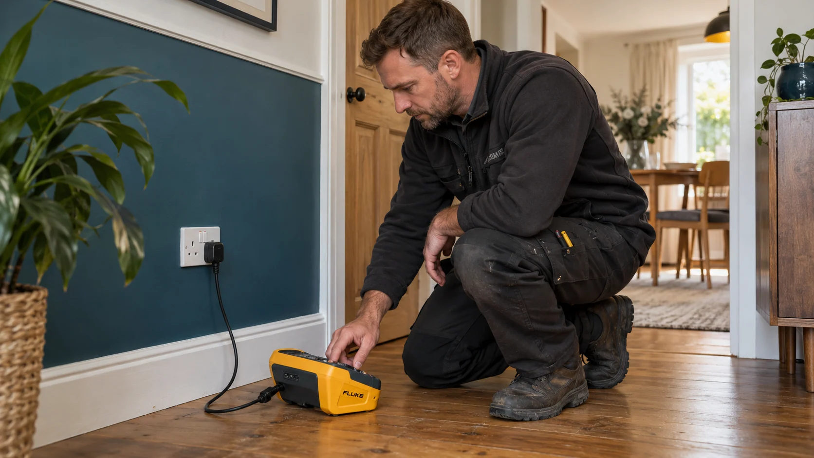 Electrician using a yellow installation tester connected to a socket after electrical work.