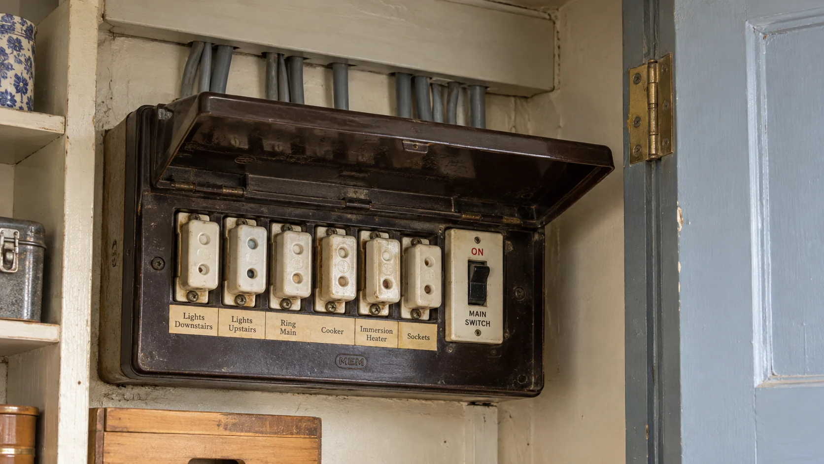 Older enclosed fuse box mounted inside a timber electrical cupboard.
