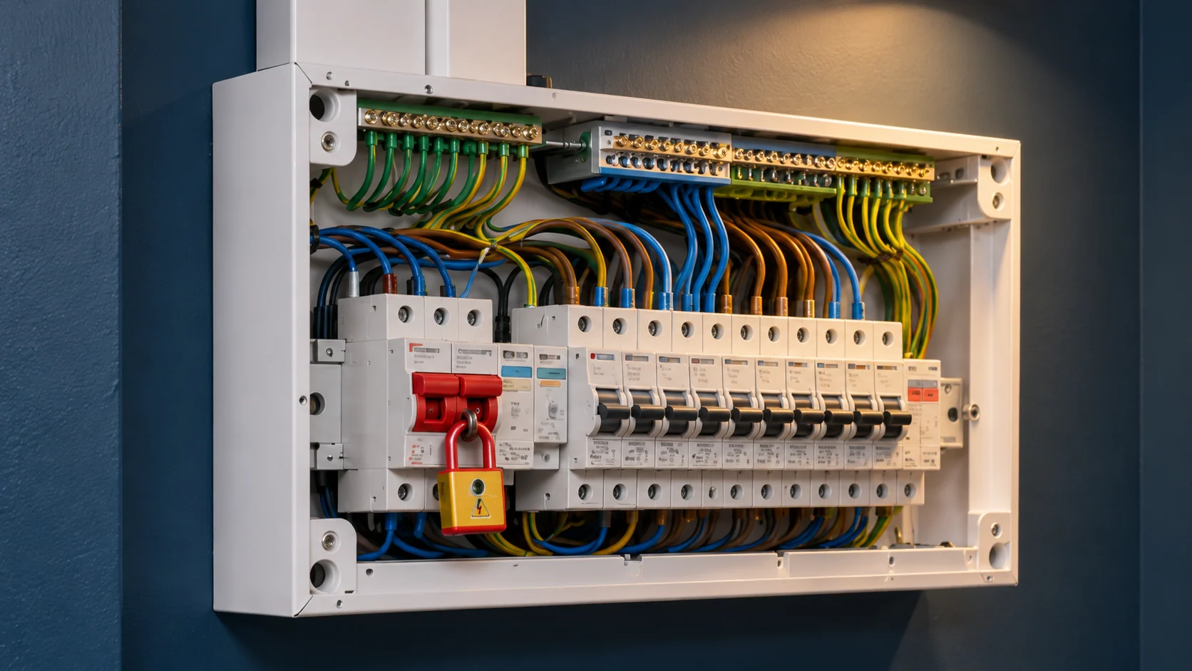 Close-up of protective devices and organised wiring inside a modern consumer unit.