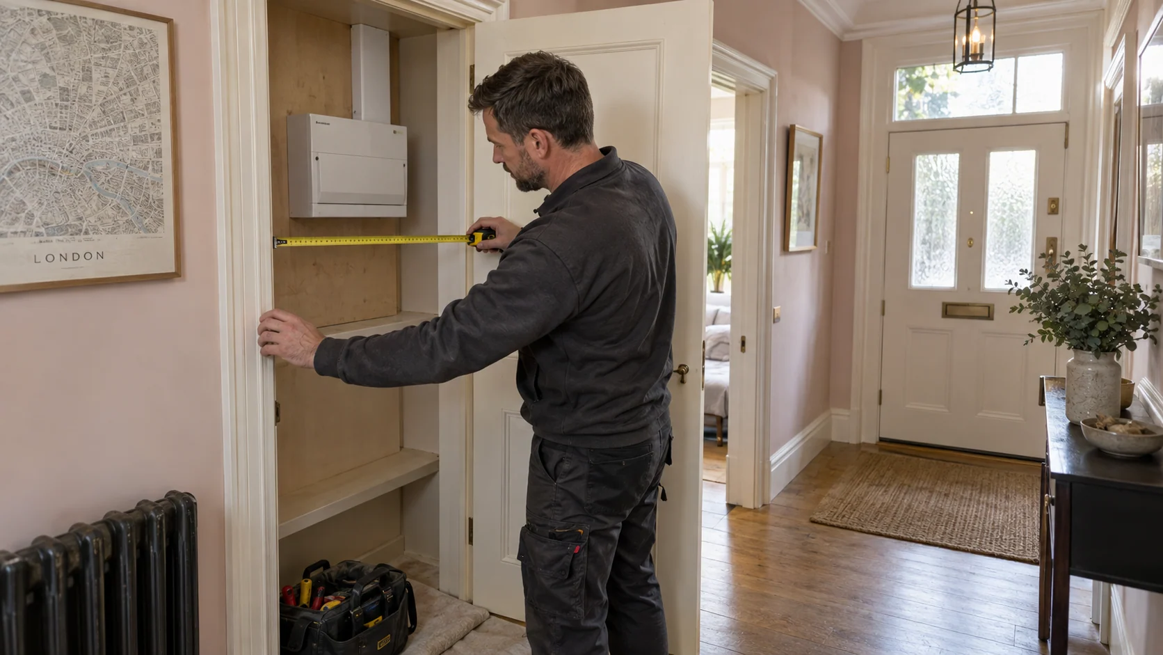 Electrician measuring access around a consumer unit in a hallway service cupboard
