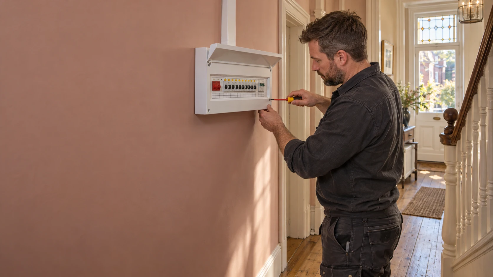 Electrician securing the front cover of a modern consumer unit in a pastel pink hallway