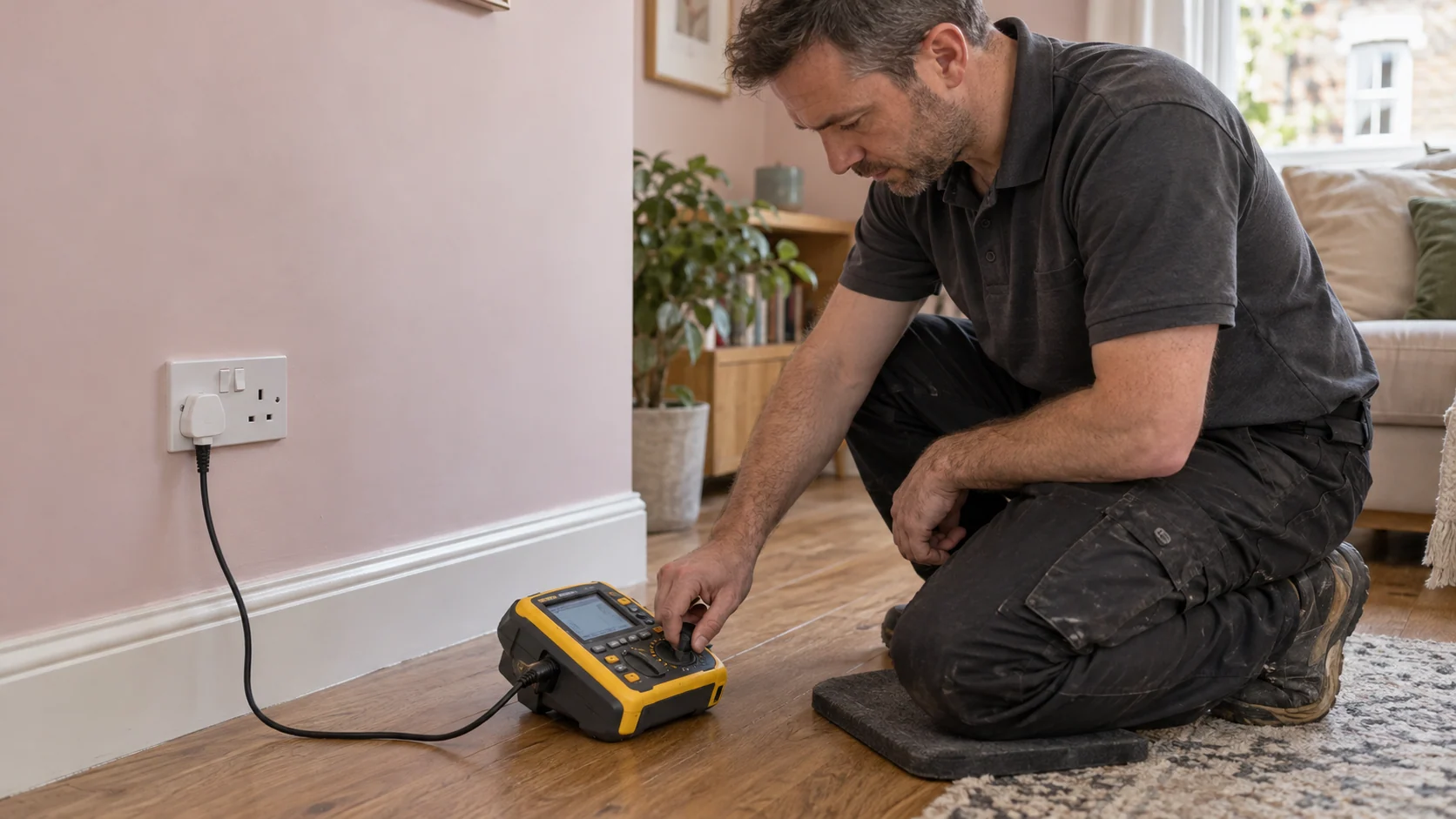Electrician using a multifunction installation tester connected to a UK socket