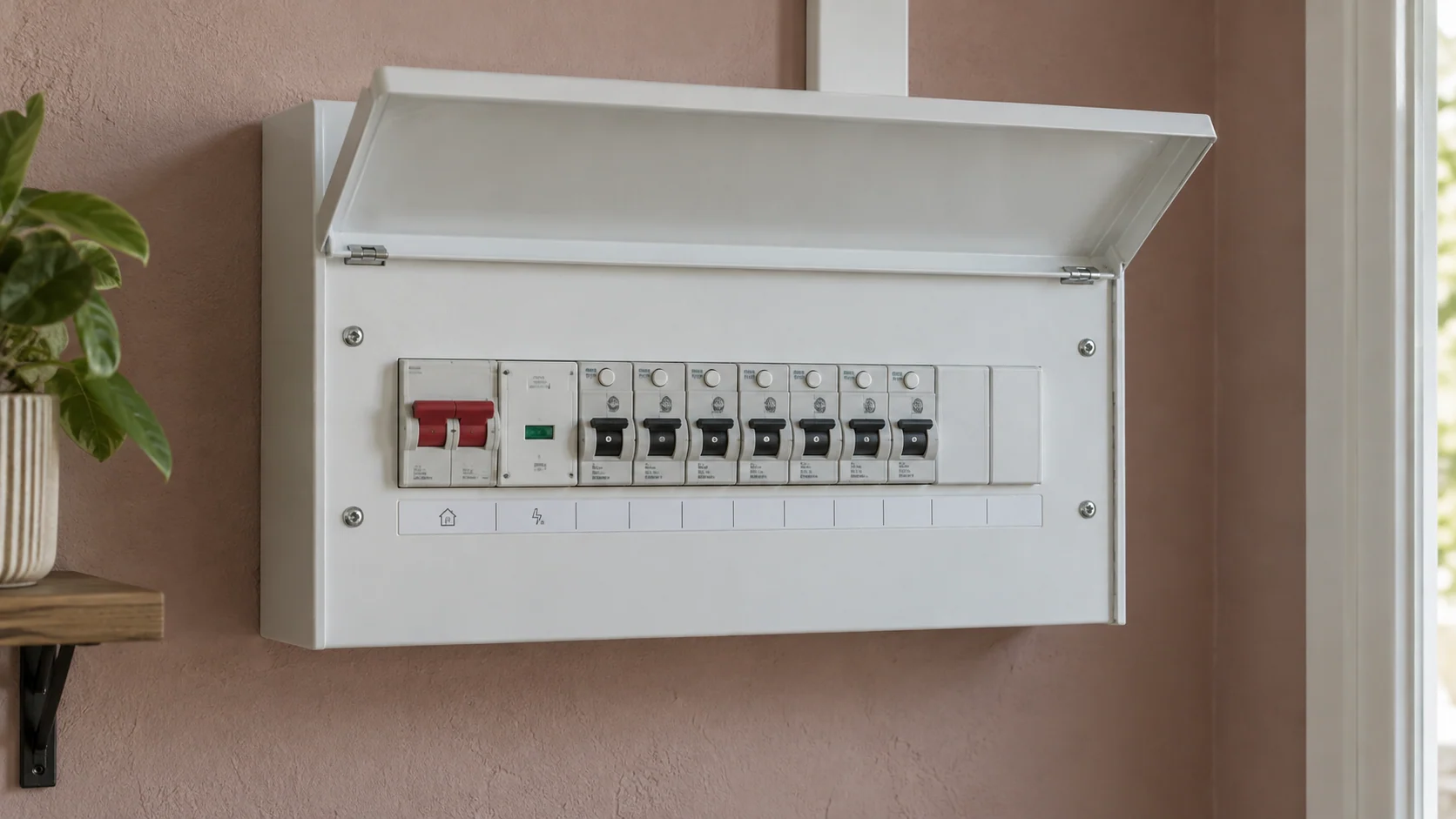 Modern metal consumer unit with RCBOs, surge protection and blank spare ways