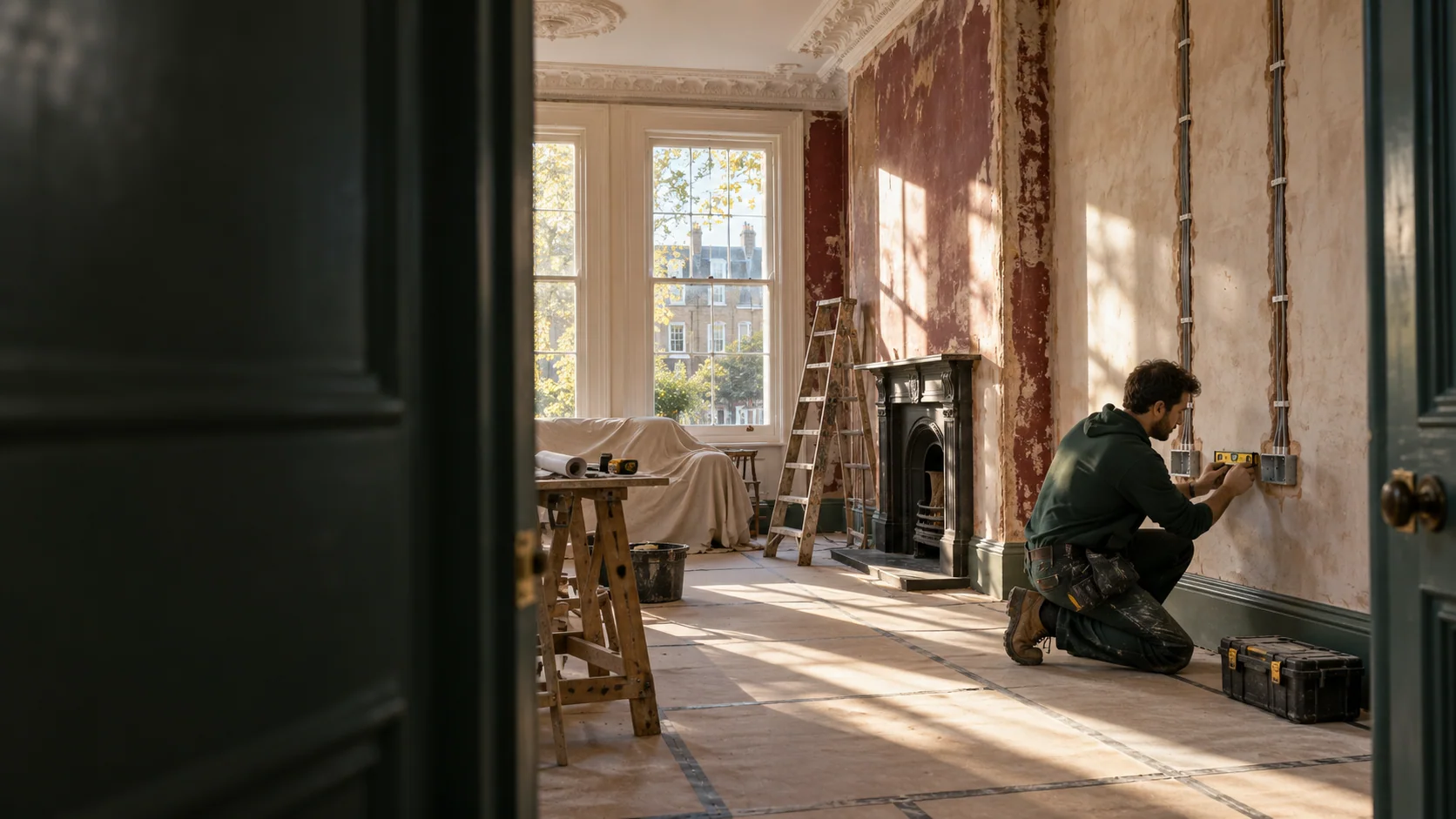 Electrician checking a socket back box during the first-fix stage of a London period-home renovation.