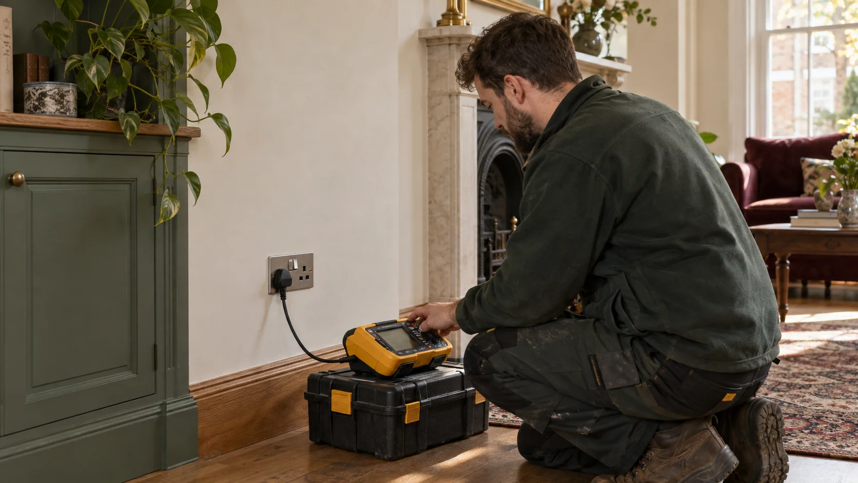 Electrician using a yellow installation tester to check a socket circuit before recording the results.
