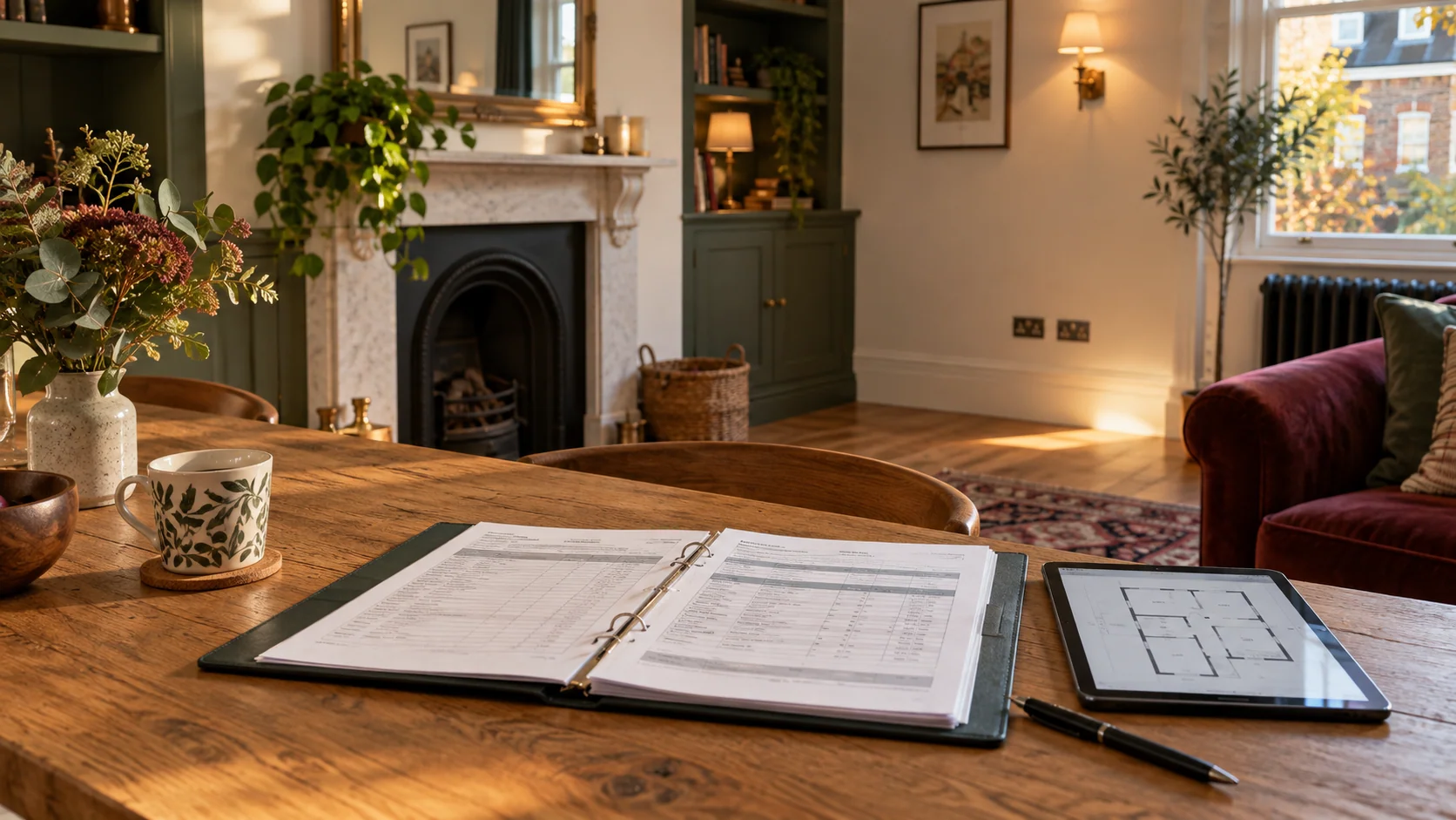 Electrical test documentation and a tablet prepared for handover in a completed London home.