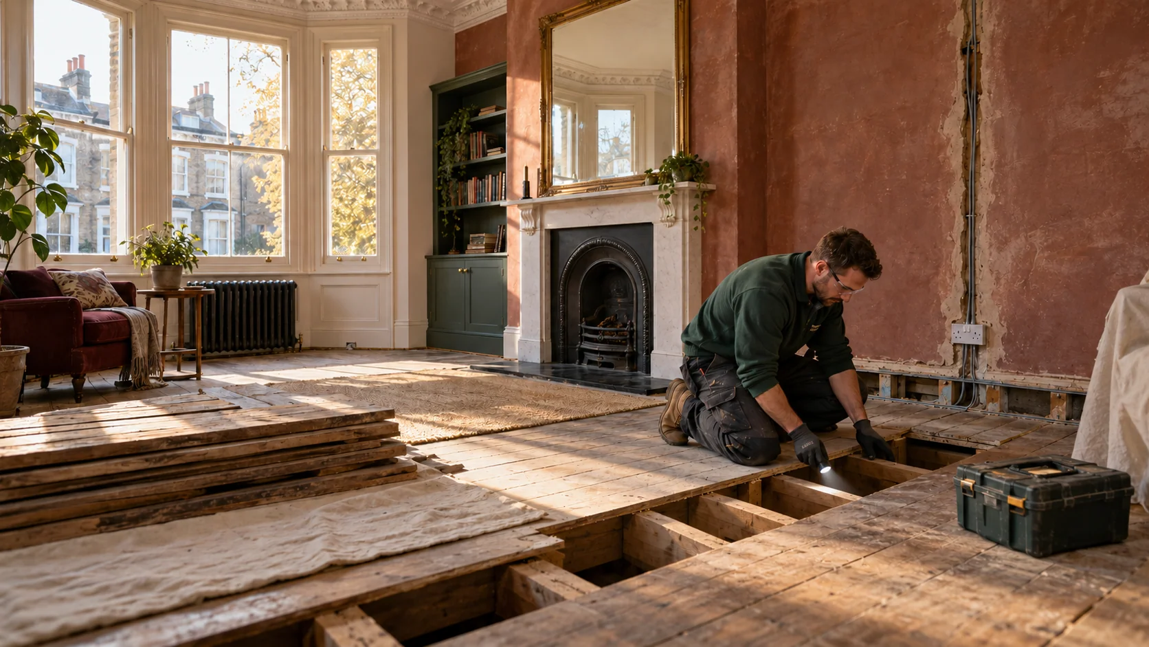 Electrician inspecting access beneath lifted floorboards before routing cables during a London house rewire.