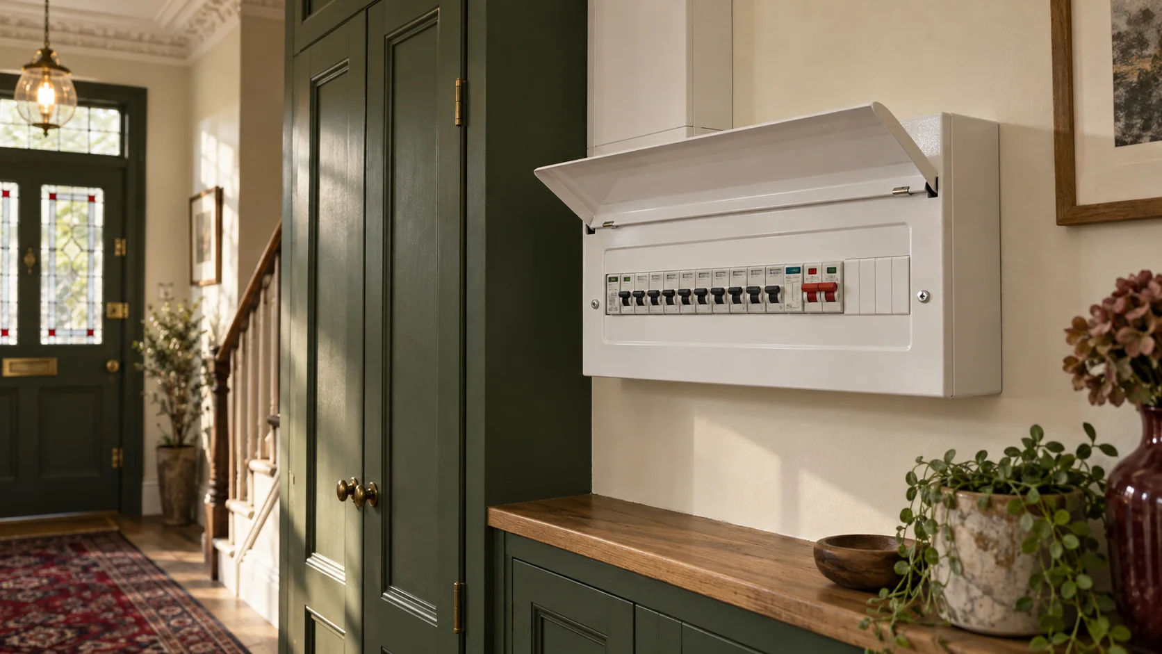 Modern metal consumer unit with its protective front fitted in a London hallway.