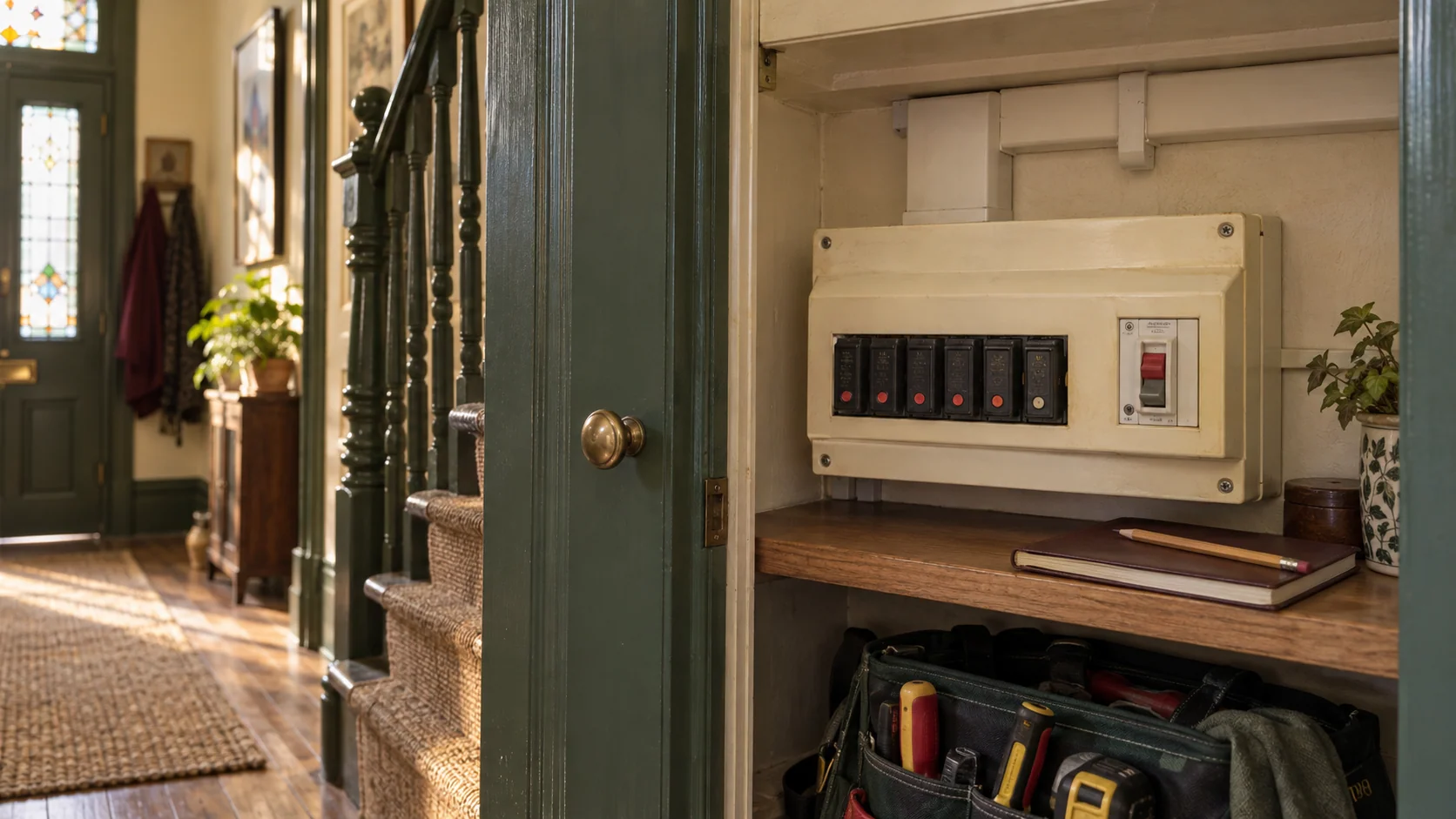 Older domestic fuse box in a London home awaiting an electrical condition assessment.