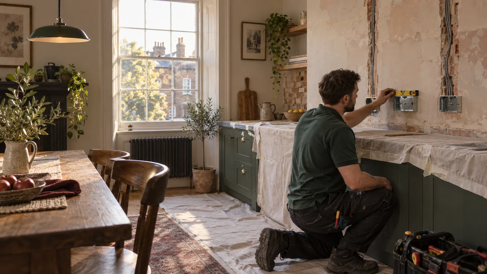 Electrician setting out socket positions during a partial kitchen rewire in a London period home.