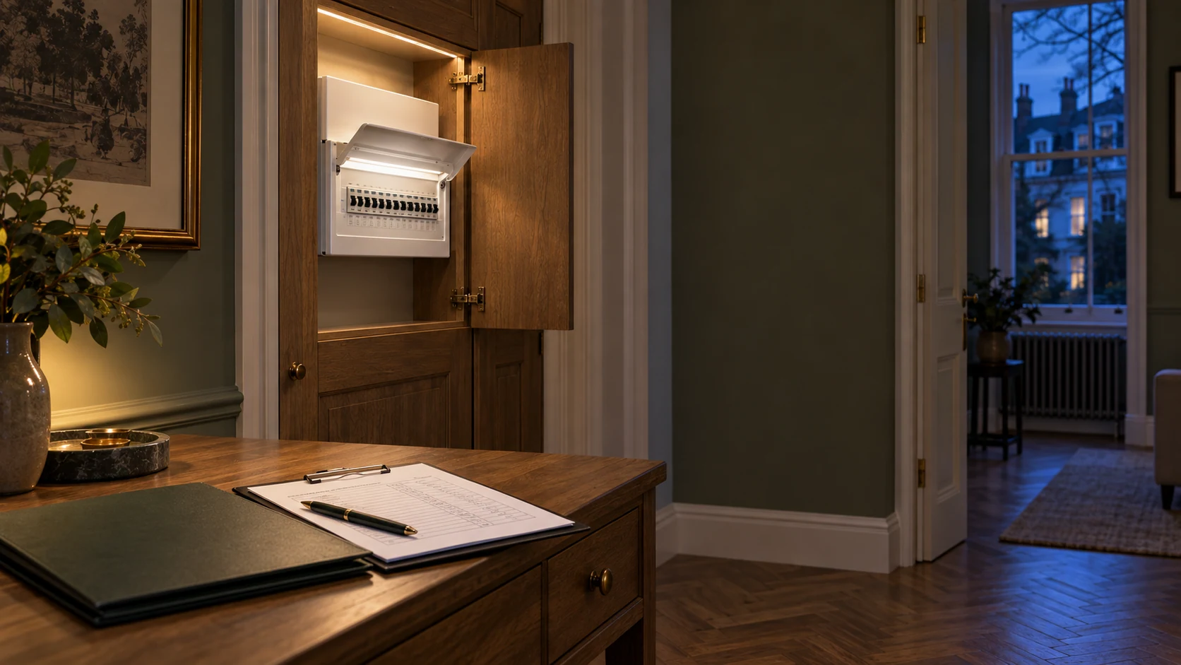 Completed consumer unit with circuit schedule and handover folder at dusk