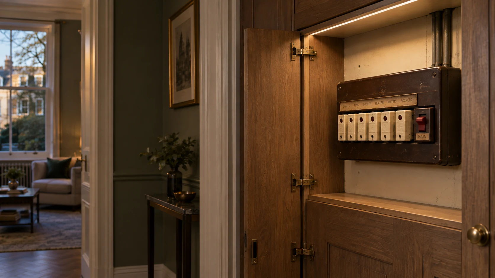 Older British fuseboard with enclosed fuse carriers in an oak service cupboard