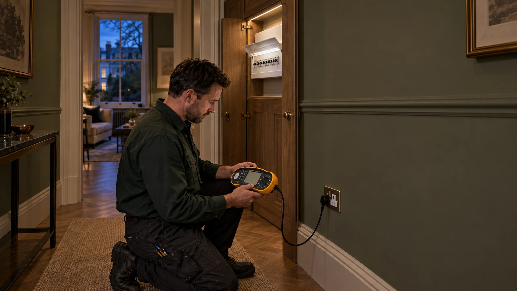 Electrician checking the installation with a yellow Fluke tester beside the new consumer unit