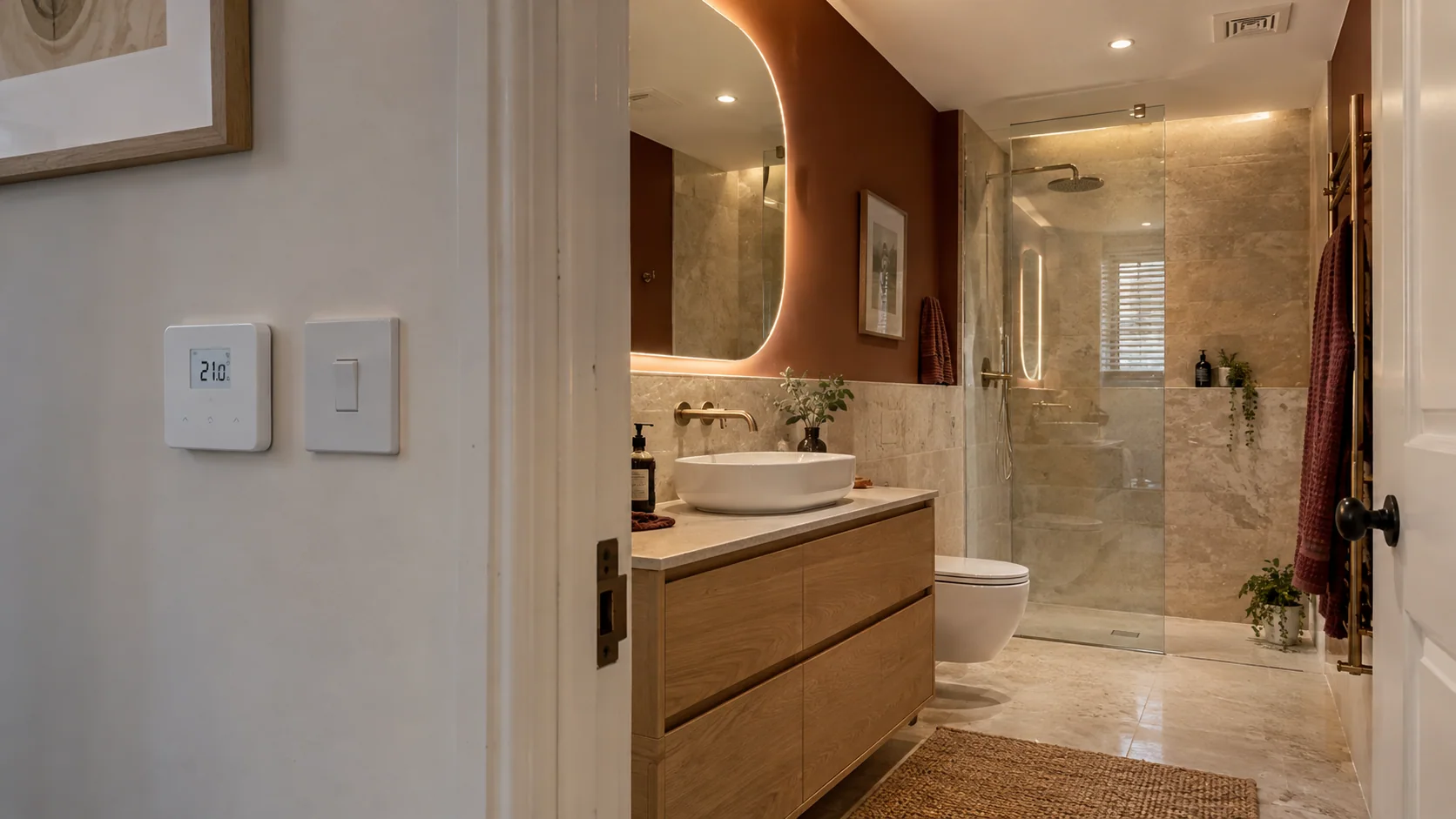 Bathroom lighting and ceiling extraction with a floor-heating thermostat outside the doorway