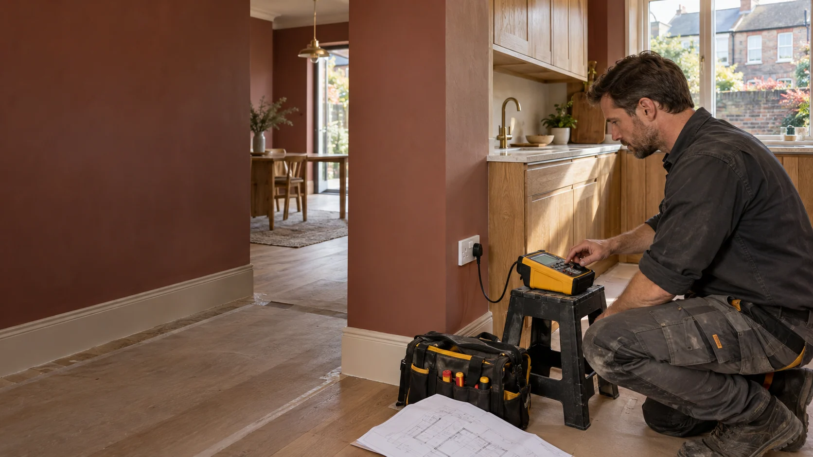 Electrician using a yellow installation tester in a terracotta-coloured Acton-style kitchen renovation
