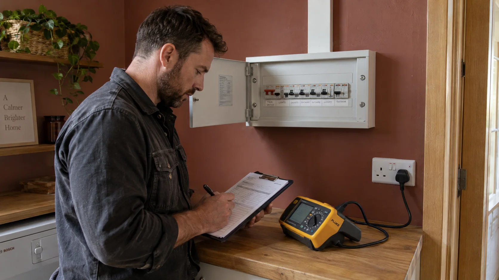 Electrician reviewing installation test results beside a protected consumer unit and yellow tester