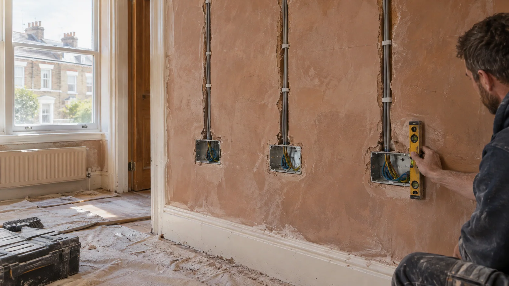Vertical cable routes and recessed back boxes during an Acton-style home renovation