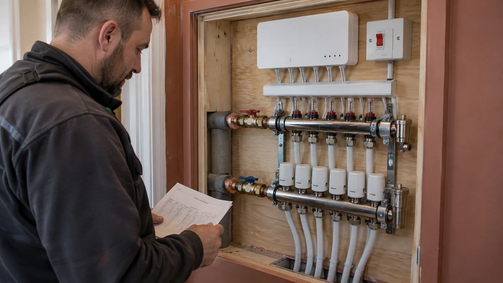 Underfloor heating manifold with actuator cables routed to an accessible wiring centre
