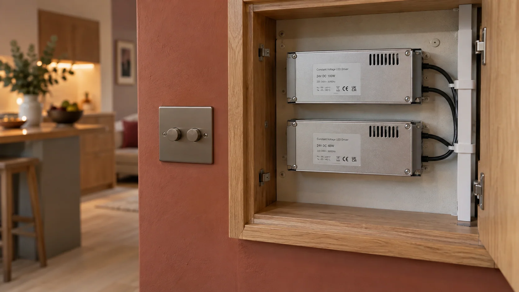 Accessible enclosed LED drivers in an oak service cupboard beside warm architectural lighting
