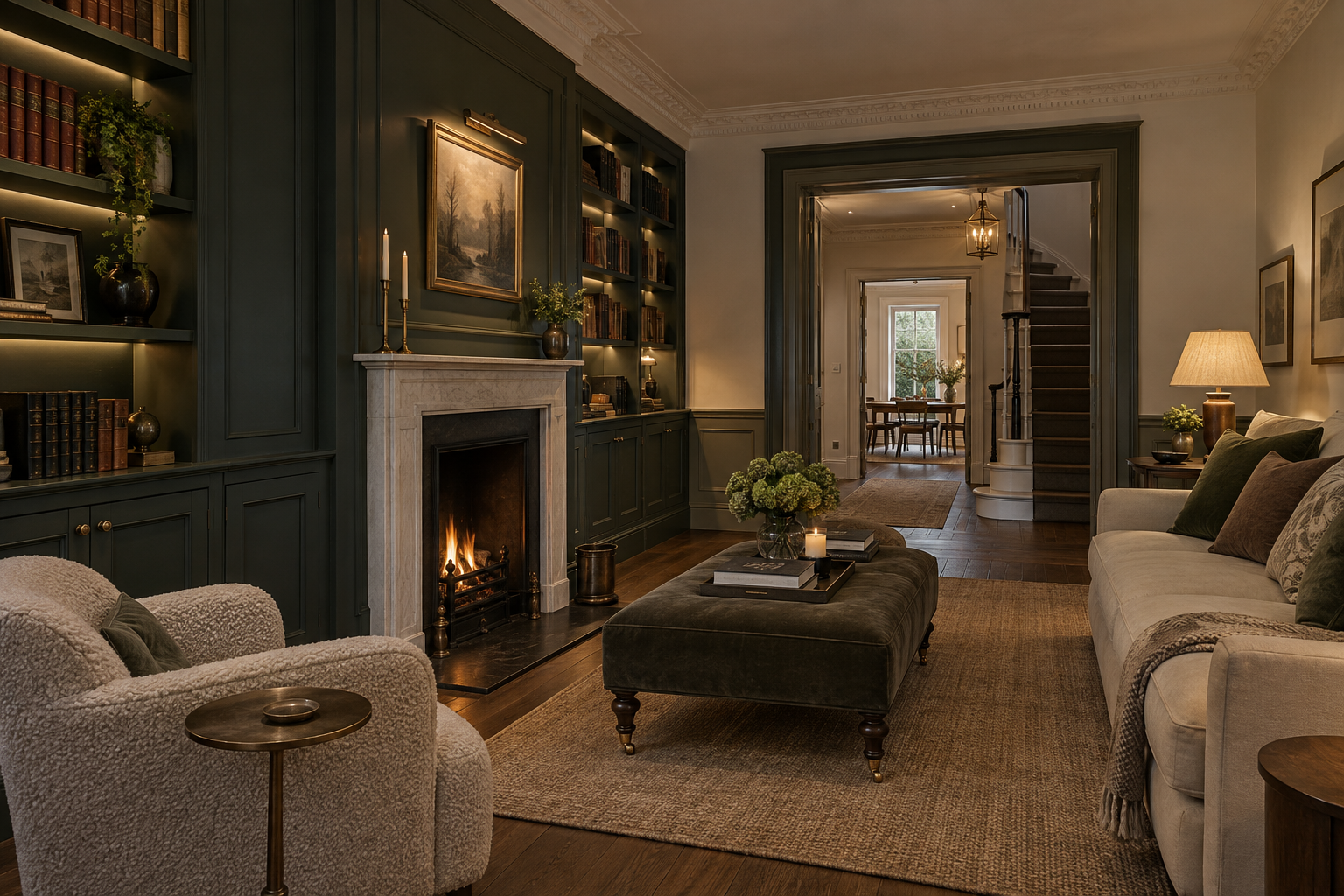 Completed Chelsea townhouse interior with integrated lighting and bespoke joinery