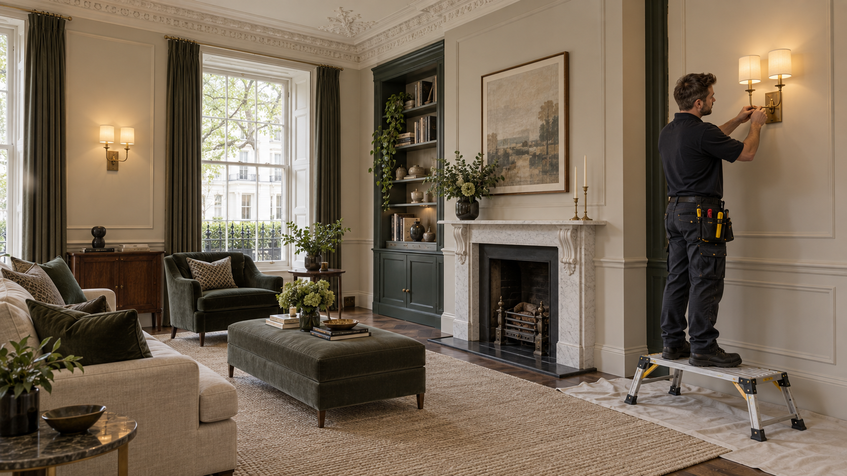 Electrician completing wall-light installation in a Chelsea drawing room