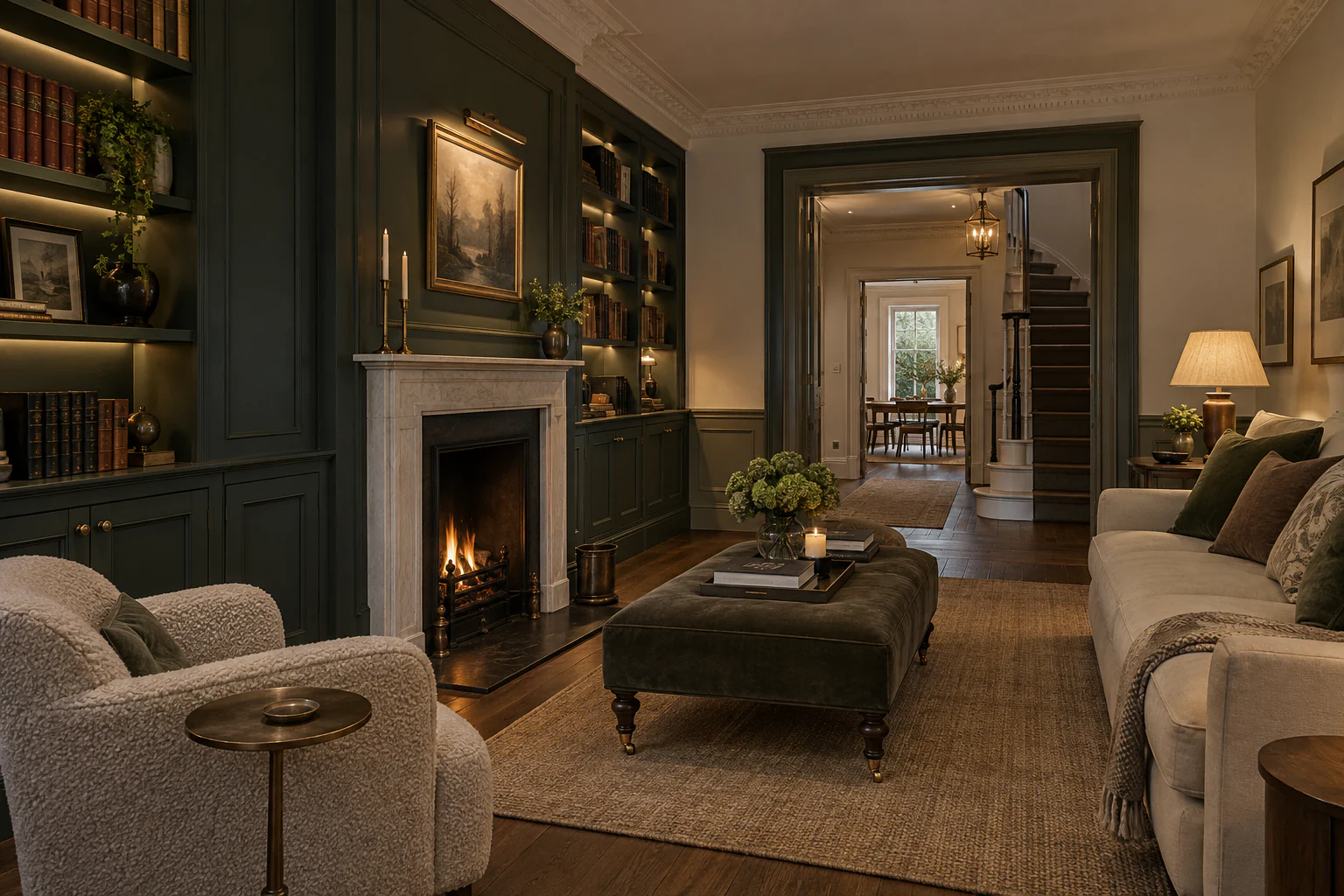 Completed Chelsea townhouse interior with integrated lighting and bespoke joinery