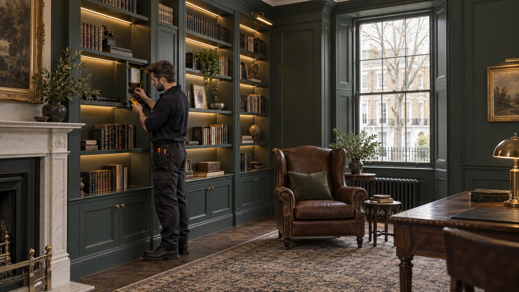 Electrician commissioning lighting integrated into bespoke Chelsea joinery