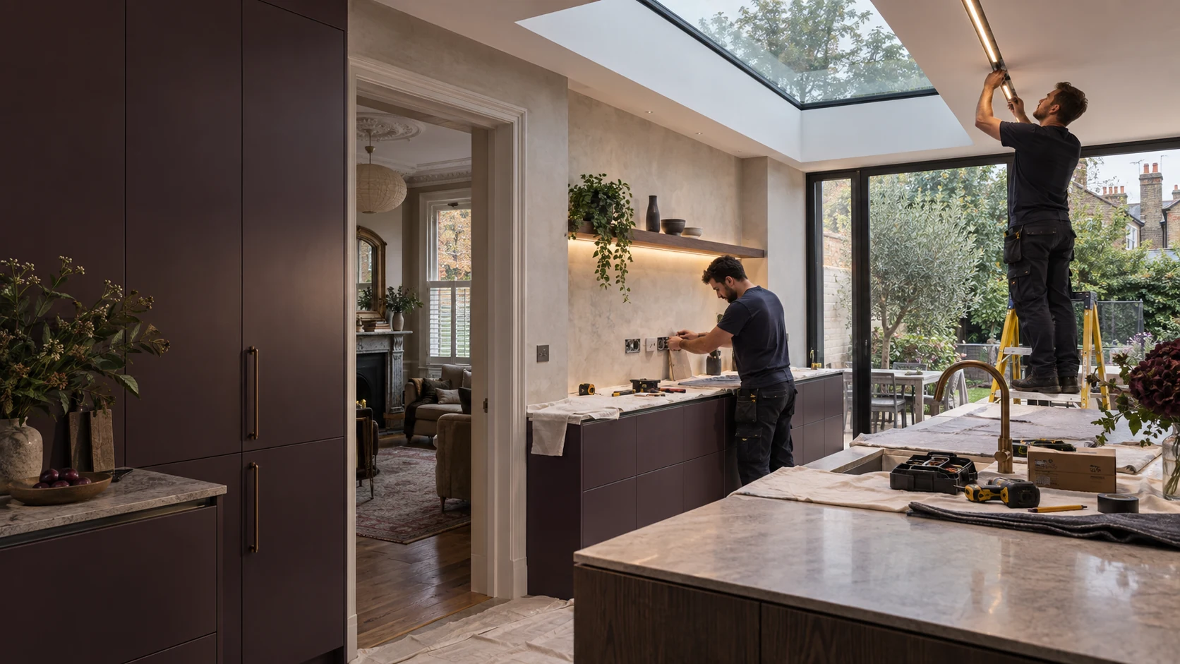 Electricians installing lighting and power in a Chiswick kitchen extension