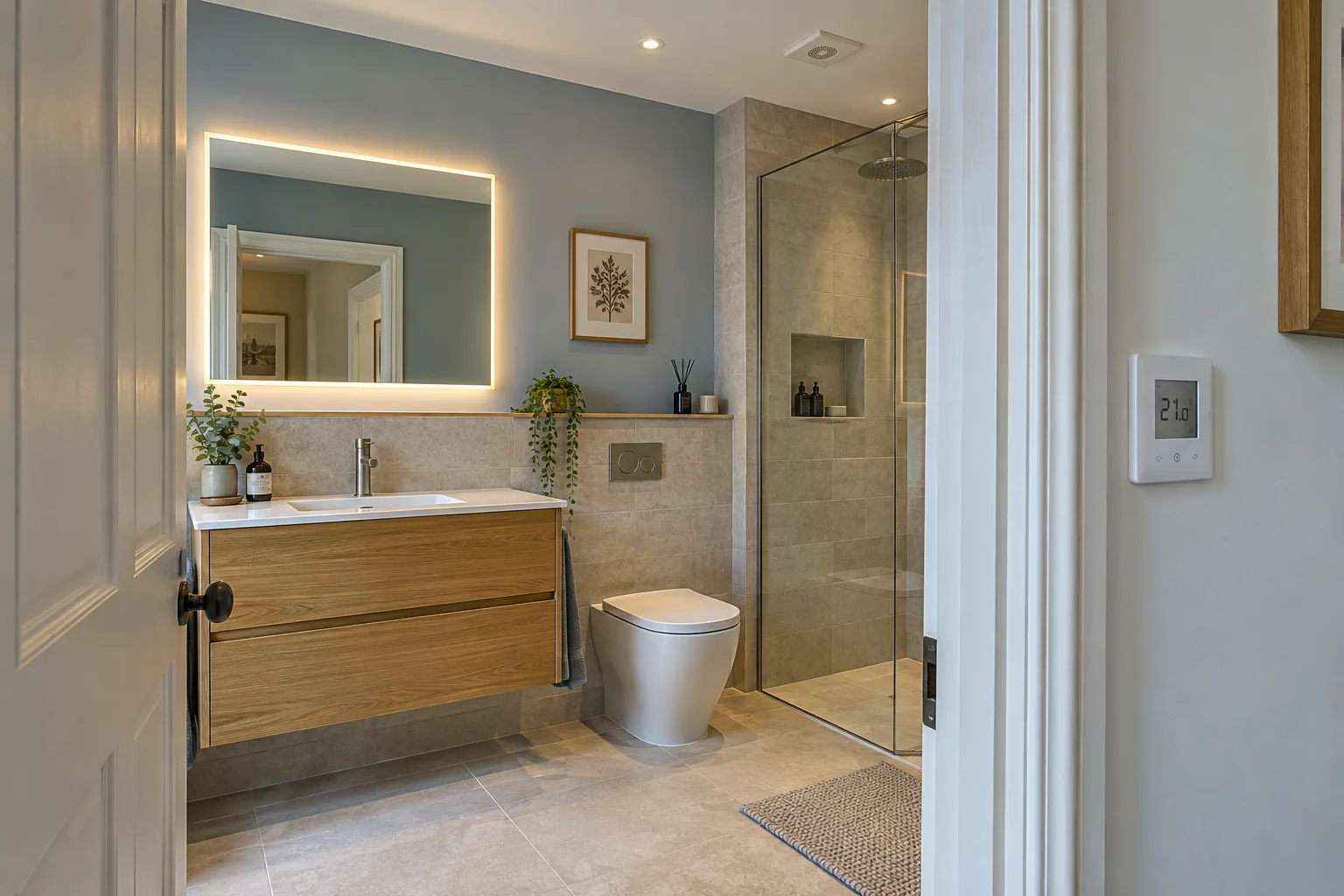 Bathroom with integrated mirror lighting, a ceiling extractor and enclosed light fittings