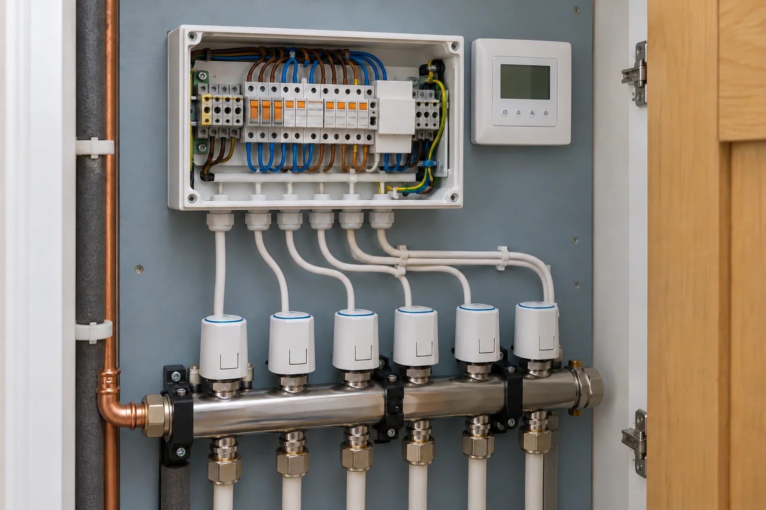 Accessible heating wiring centre above underfloor heating manifold actuators