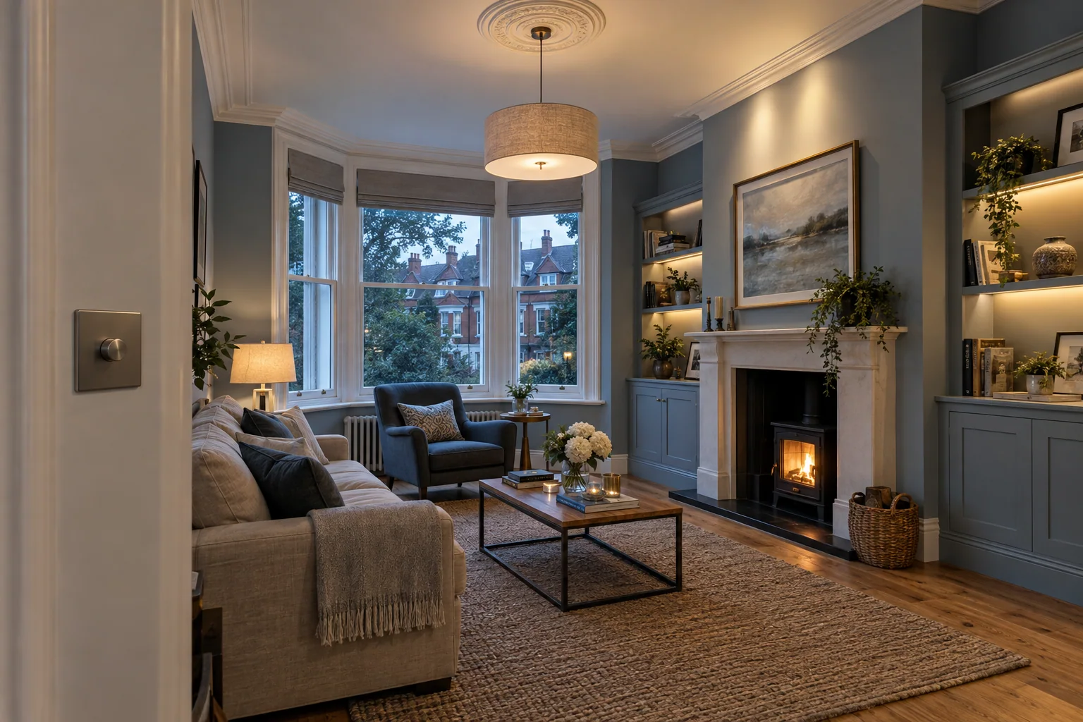 Layered lighting in a renovated Edwardian sitting room with blue-grey walls