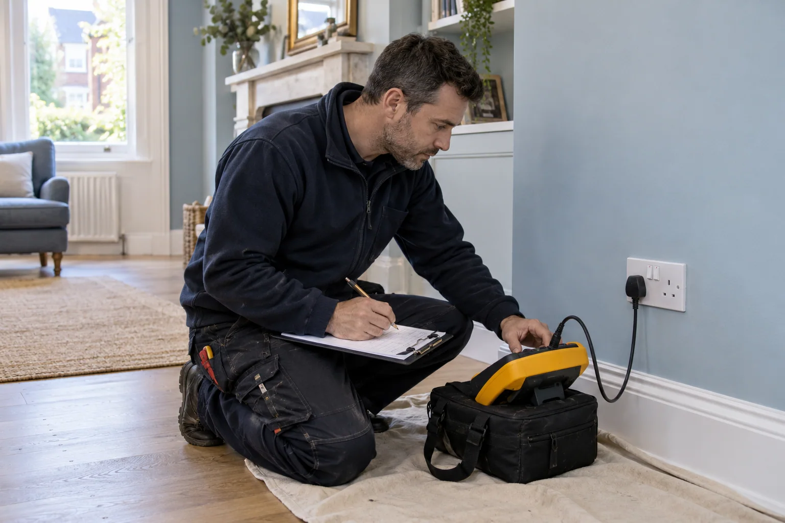Electrician checking a finished socket circuit with a yellow multifunction installation tester