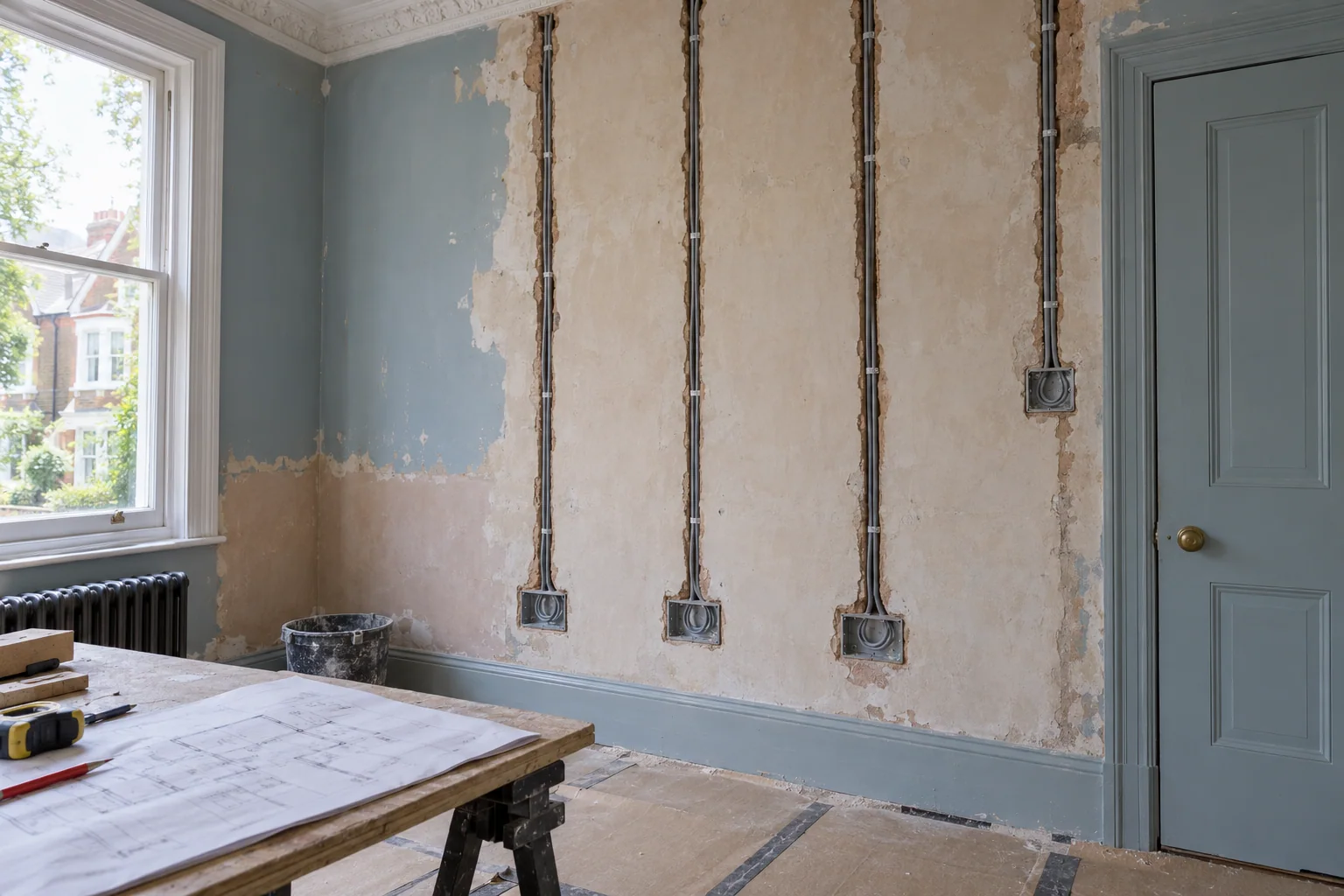 First-fix electrical cable routes and metal back boxes during a house renovation