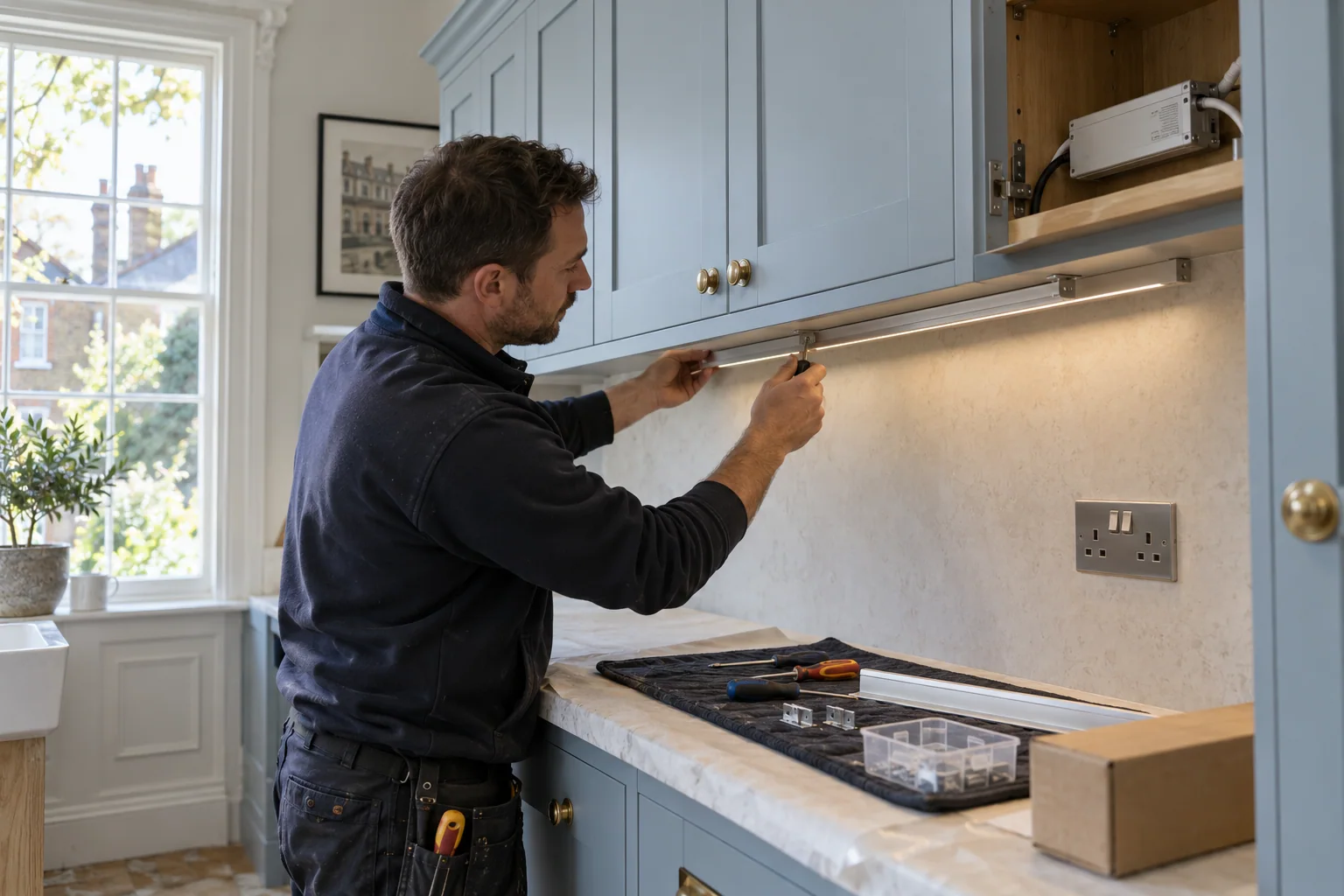 Electrician adjusting an under-cabinet light fitting in a blue-grey kitchen