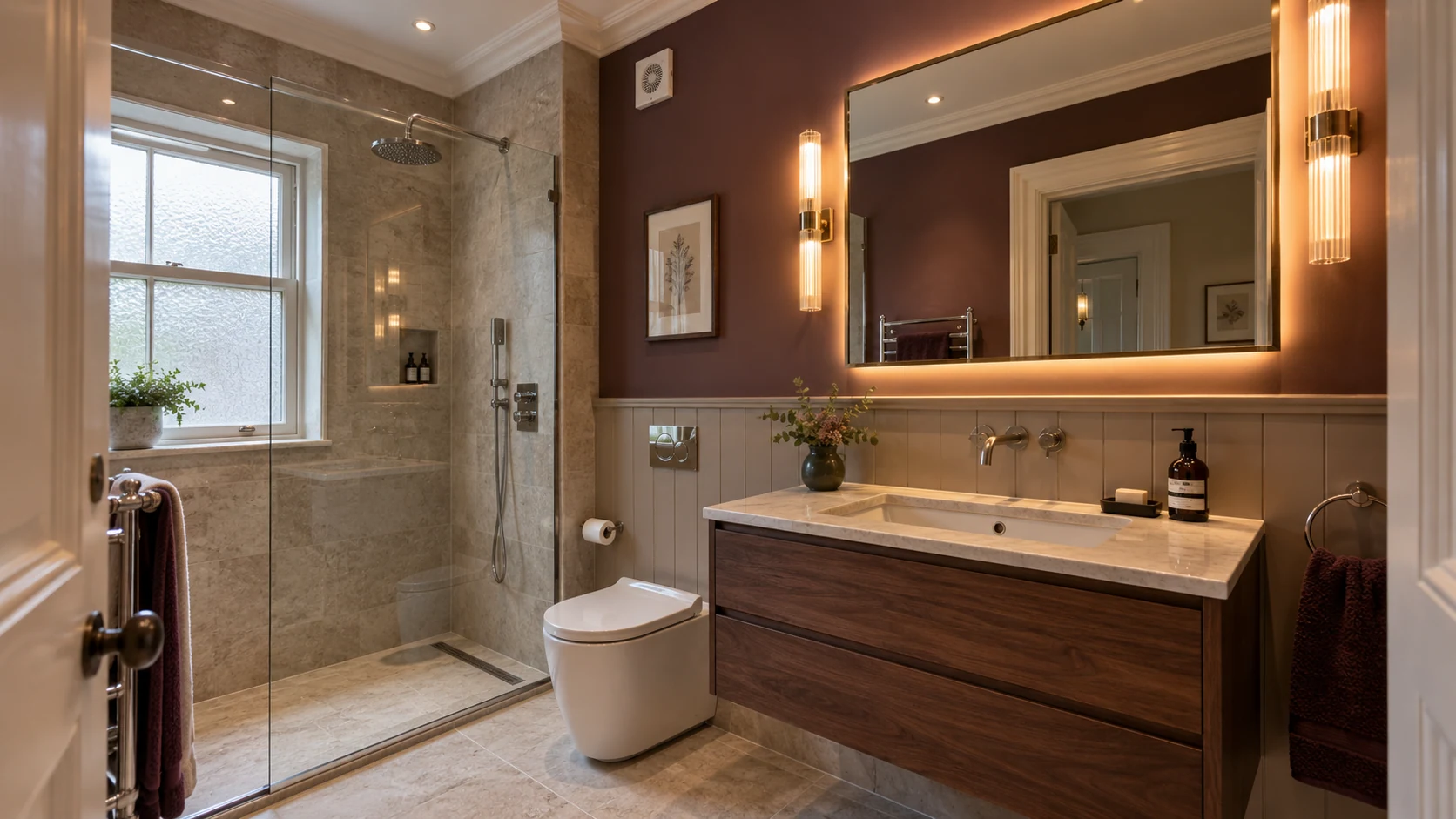 Period-style bathroom with mirror lighting, recessed ceiling lights and a discreet extractor grille