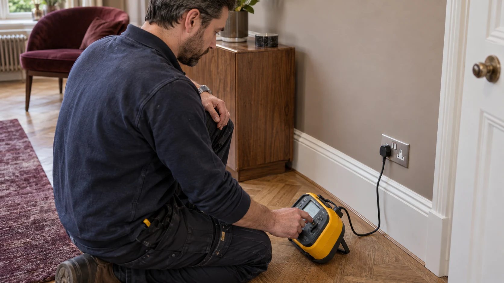 Electrician checking an installed socket with a yellow installation tester