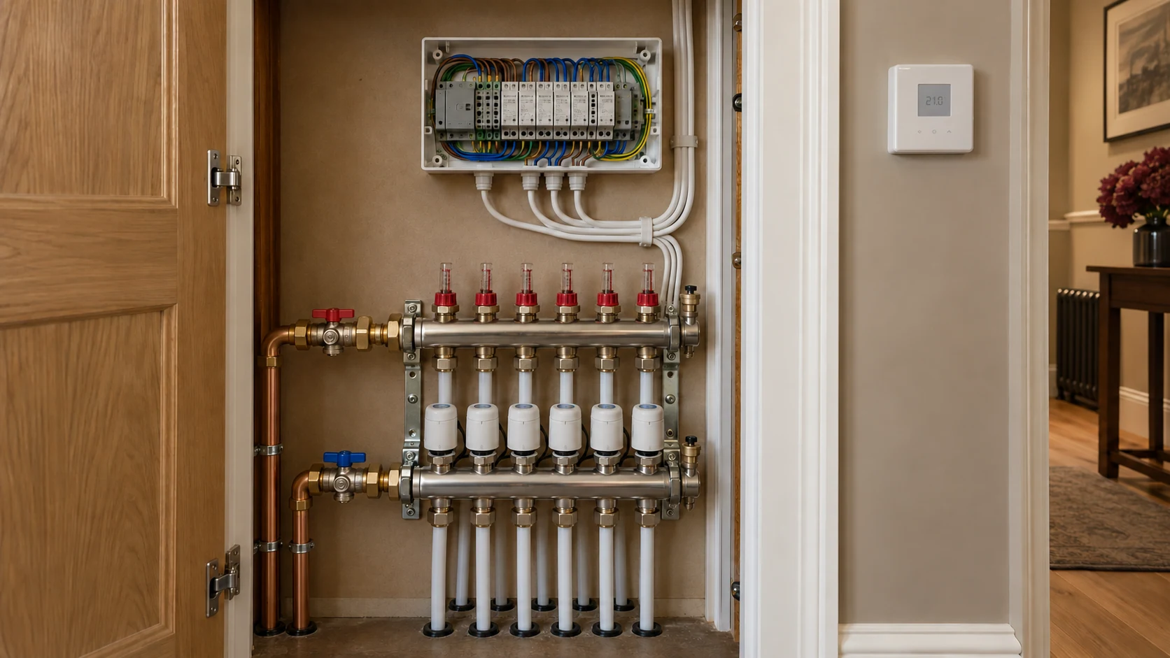 Heating wiring centre above a six-zone underfloor heating manifold inside a service cupboard