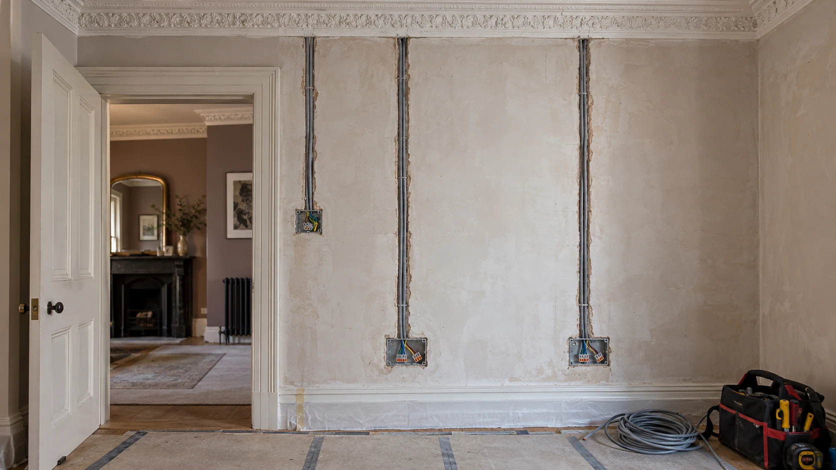 New electrical cable routes and metal backboxes during a period-flat refurbishment