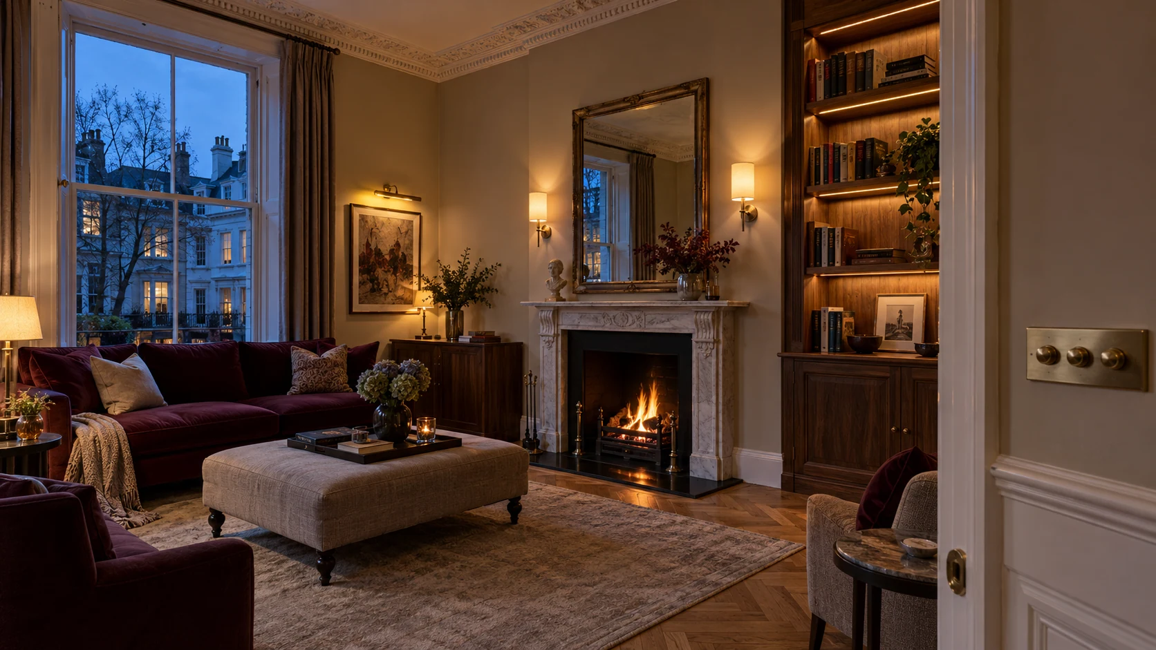 Layered lighting in a period-style reception room with illuminated joinery and wall lights