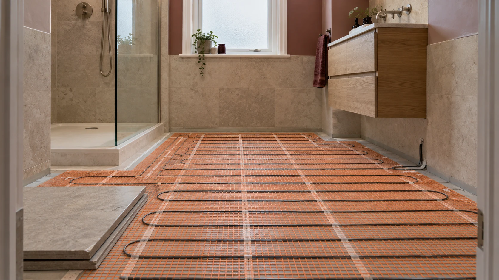 Electric underfloor heating mat laid on a prepared bathroom floor before tiling