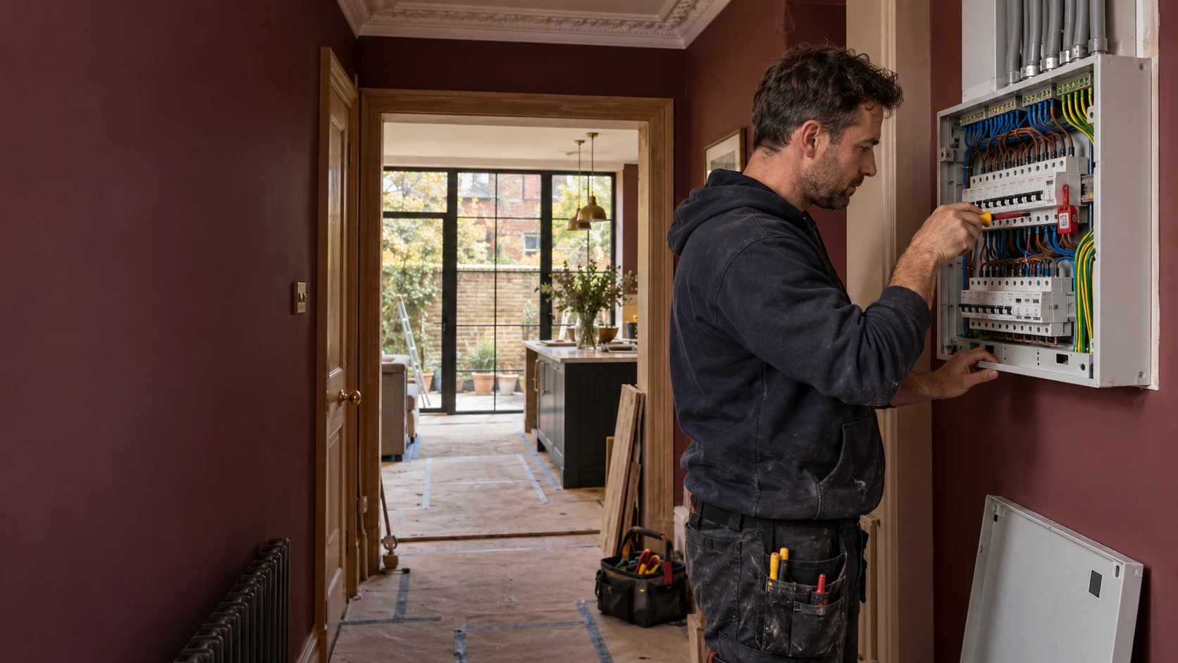 Electrician working on an open consumer unit beside a renovated kitchen in a burgundy-toned period home